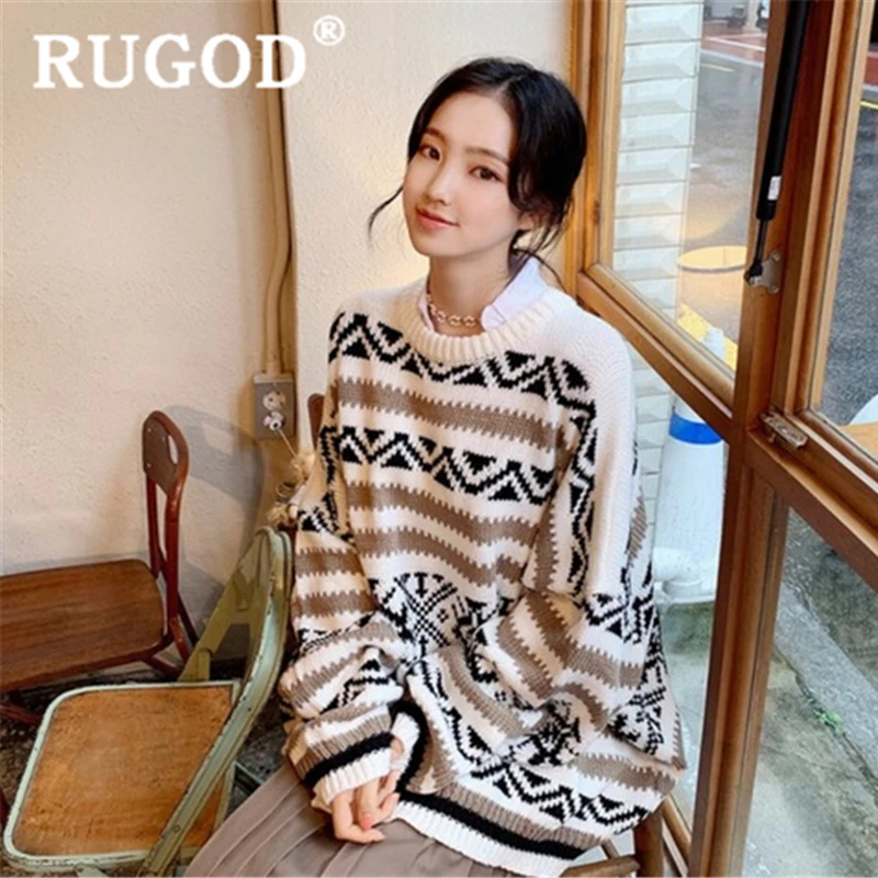RUGOD pull femme Рождество Круглый вырез свободные длинные геометрические снежинки узор Мода femme Винтаж свитер пуловер корейский вязаный