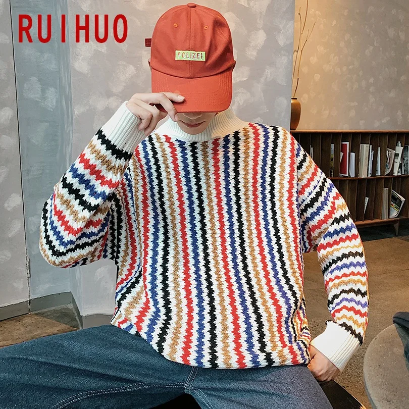 RUIHUO, новинка, осенне-зимний хлопковый свитер в полоску, Мужской приталенный вязаный пуловер, мужской модный бренд, мужские свитера, теплые M-2XL