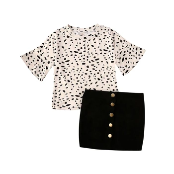 

Fashion 2PCS Toddler Kids Baby Girls Clothes Set Leopard print Flare Sleeve Tops +Button Mini Skirts Summer Outfit Clothes Set
