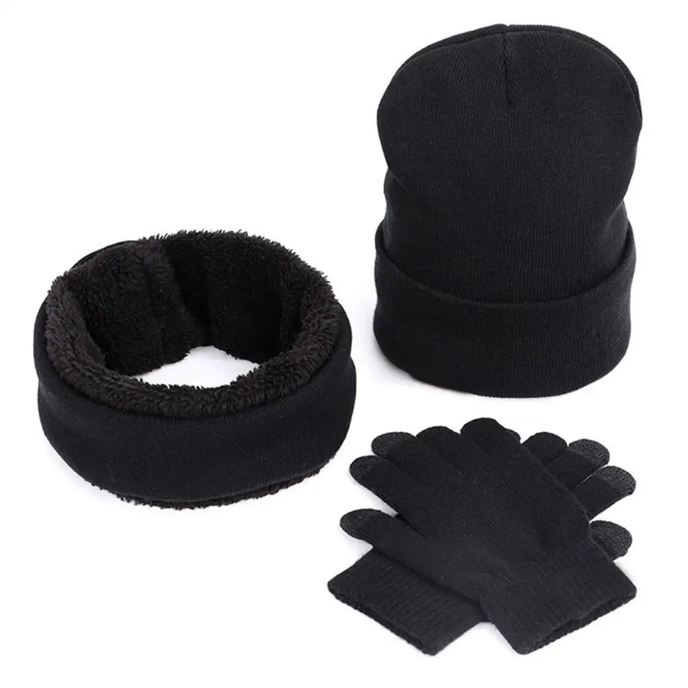 Зимняя шапка бини для женщин и мужчин, шарф бесконечности, перчатки с сенсорным экраном, набор из 3 предметов, вязаный комплект, утепленная плюшевая подкладка, теплые зимние лыжные перчатки - Цвет: BK