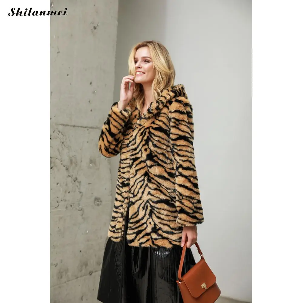 Tiger Print Faux Fur Coat Women 4xl Leopard Fur Jacket Long Sleeve Pockets Hooded Long Winter Fur Coat Fashion Fur Outwear