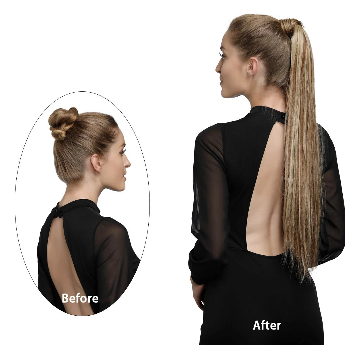 22 inch Long straight Real Natural Ponytail Clip in Pony tail Hair Extensions Wrap Around on Synthetic Hair Piece