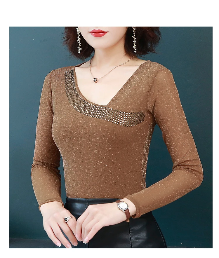 Женские топы и блузки blusas mujer de moda Мода модная кружевная сетчатая рубашка 4XL размера плюс женские рубашки с длинным рукавом 6909 50 - Цвет: Khaki