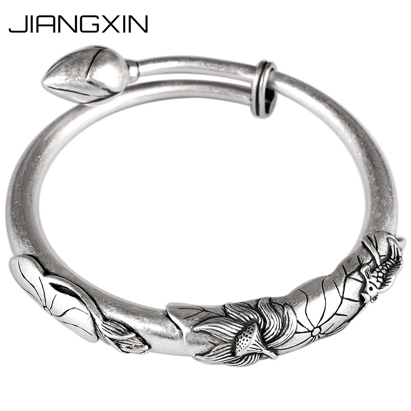 

50.64g S999 Pure Silver Vintage Retro Bangle Adjustable Open Fish Lotus Jewelry for Women