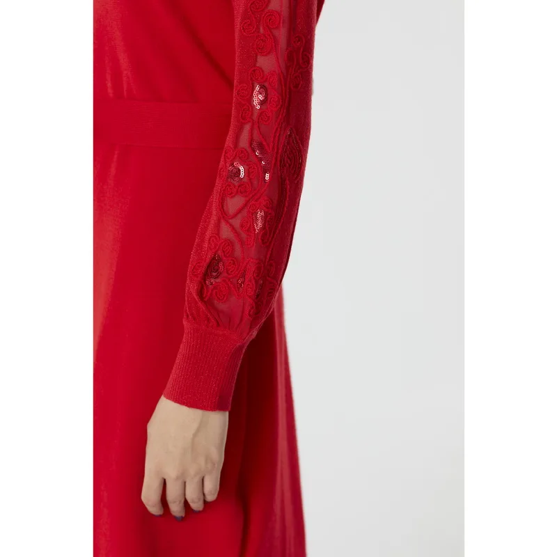 Kintted Dress Women Fashion Solid Embroidery Knitted Sweater Dress O-Neck Casual Long Sleeve A-Line Mini Dresses