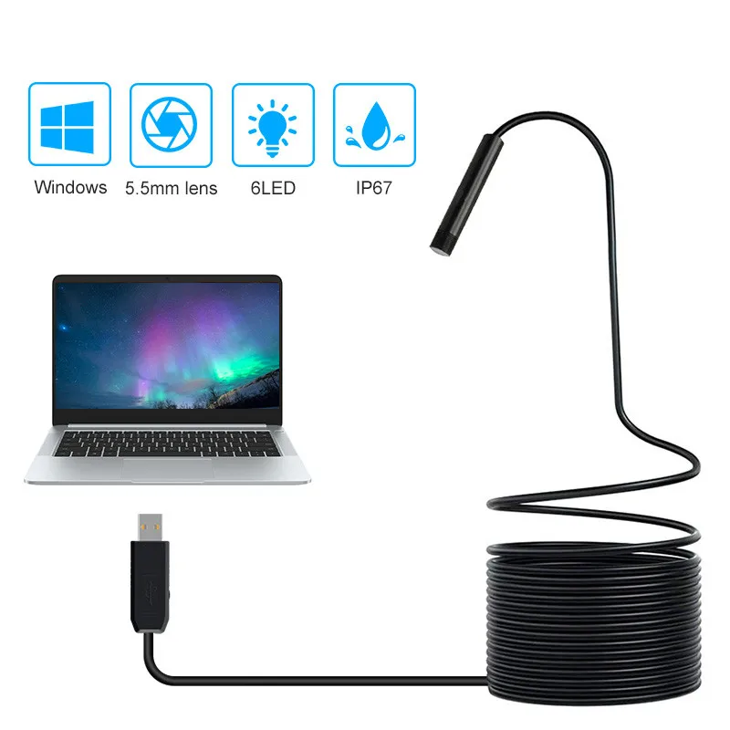 

USB Endoscope Camera 2/5/7/10/15m 5.5mm Lens USB Waterproof 6 LED Borescope Snake flexible Inspection Camera For PC Windows