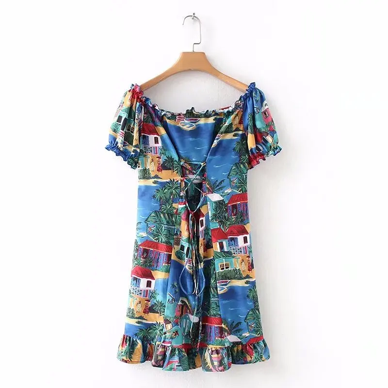

2018 Spring And Summer Versitile Fashion Lace-up Scenery Printed Exposed Shoulder Dress 8872