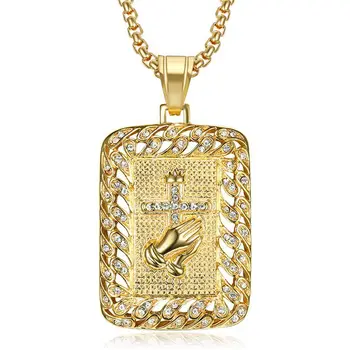 

Hip hop stainless steel Gold Color Fulled Crystal Double Hands Prayer Pendant Necklace Hip Hop Link Chain Necklace For Men