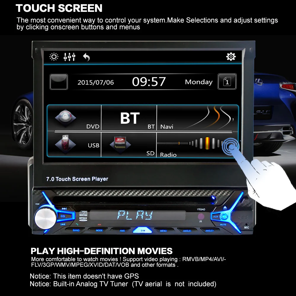 

Universal 7" 1 Din Car Video with Automatic Retractable HD Contraction Touch Screen BT Car MP5 Player Audio