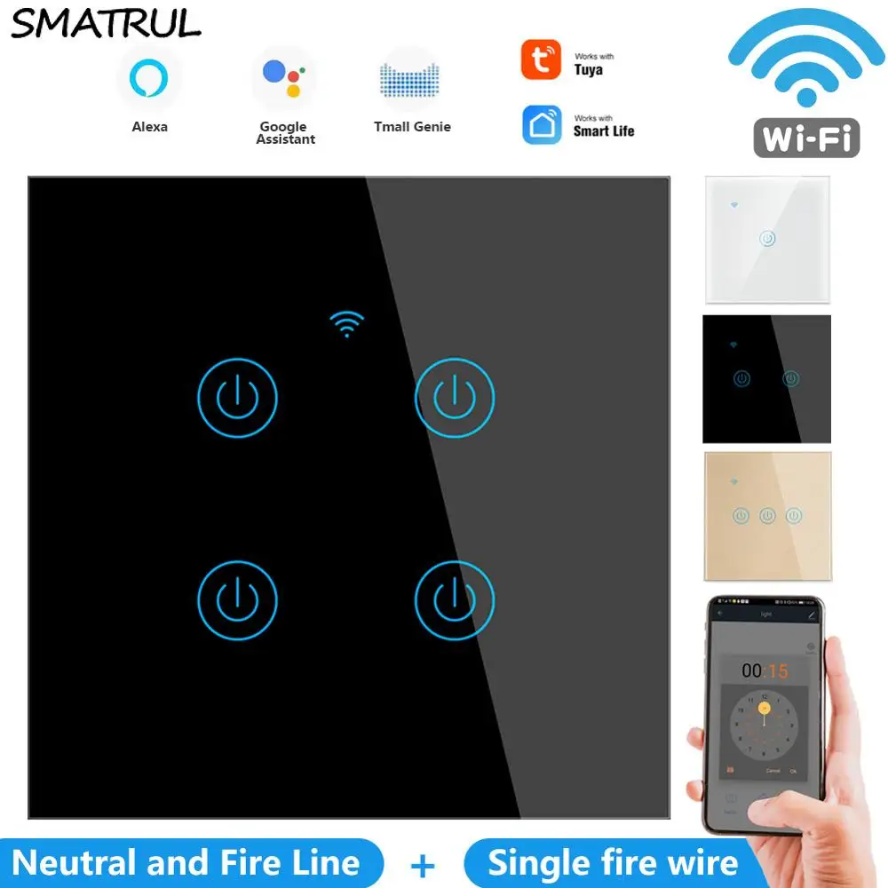 

SMATRUL Smart Home Touch App Wall WiFi Switch Light No Neutral Wire Required EU Uk 1/2/3/4 Gang Timer Google Tuya Alexa 220V 10A