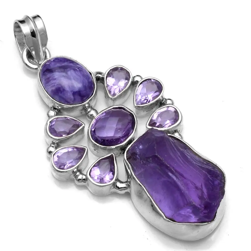 

Genuine Amethyst + Charoite Pendant 925 Sterling Silver, 54.4 mm, 2SP0627