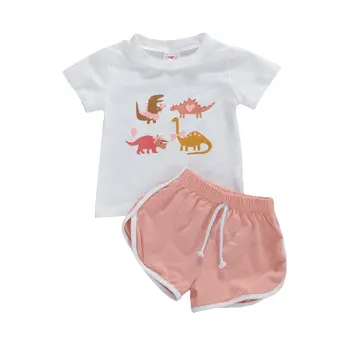 

Baby Girls Casual Pullover Cartoon Dinosaur Printed O-Neck Short Sleeve Blouse Sports Shorts 2Pcs Suit
