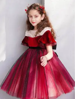 

Girl Wine Red Velvet Party Dress Kids Princess Dresses Gauze Puff Sleeve Perform Ballroom Dress Kids Clothes E202094