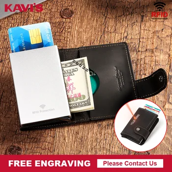

KAVIS Engraving Genuine Leather Vintage Credit Card Holder Men Wallets Male Business Card Holder RFID Aluminium Mini Coin Purse