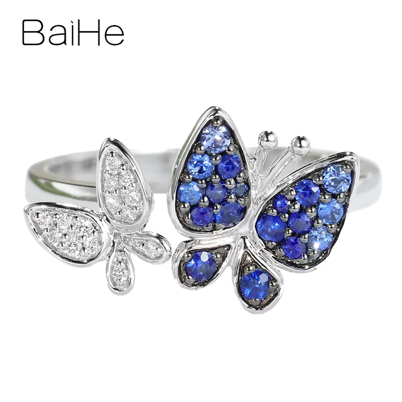 Baihe Solid 14K White Gold Natural Sapphire Diamond Butterfly Ring Women Trendy Fine Jewelry Making Anillo Mariposa Muslimah
