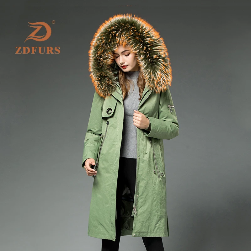 ZDFURS* Настоящий мех кролика Парка женская зимняя куртка енотовый мех пальто с капюшоном меховая куртка длинная съемная внутренняя теплая Модная