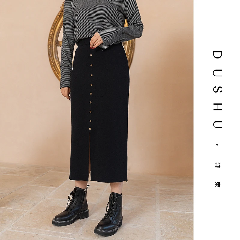 

DUSHU Knitted long elegant bodycon skirt Women plus size button black high waist skirt Sexy split autumn winter skirt bottom