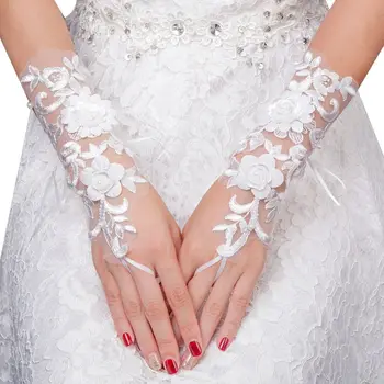 

Wedding Bride Embroidery Lace Short Gloves Flower Faux Pearl Sunscreen Mittens
