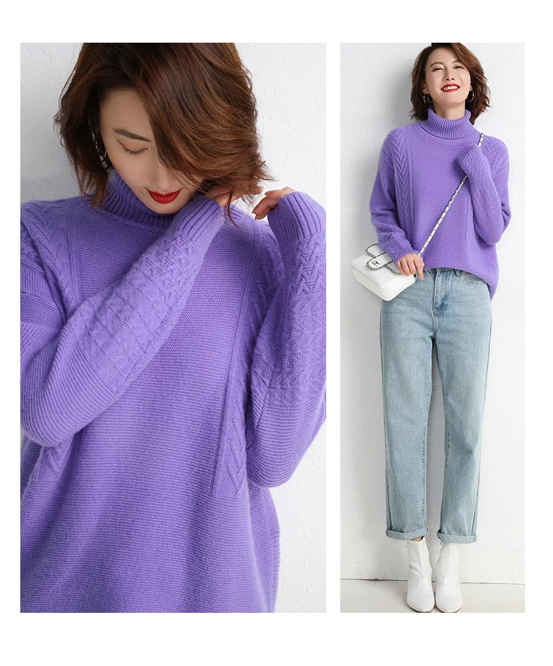 High Fold-down Collar Sweater Women's Loose-Fit Pullover Long-Sleeve Base Sweater Cable-Cool Mid-length Cashmere Sweater