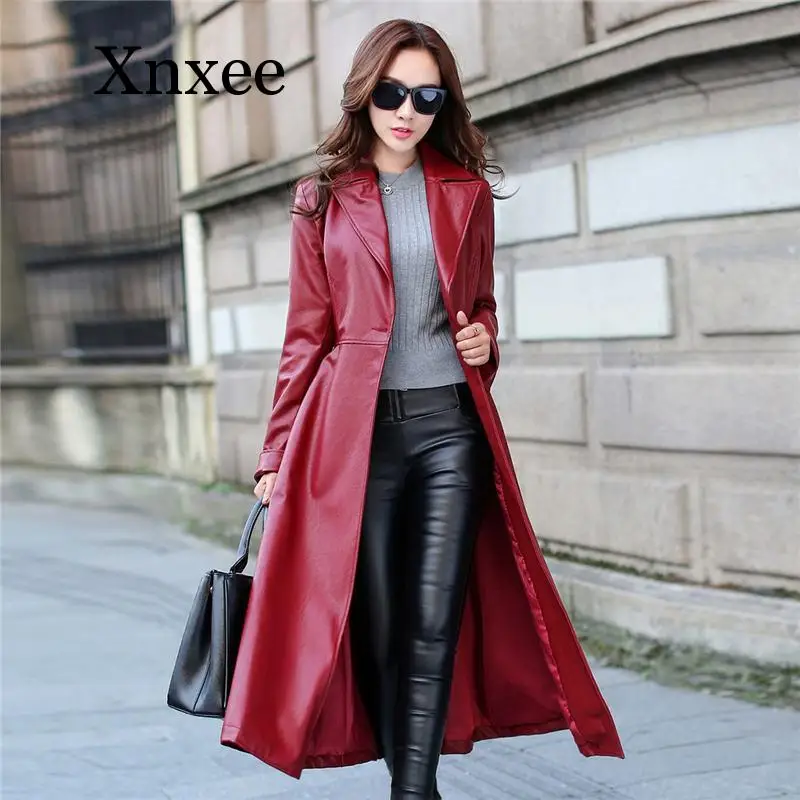 faux soft pu leather solid color jacket 2021 autumn fashion short motorcycle slim long sleeved lapel outwear female warmth Red Elegant Faux Leather Long Jacket Female Women Autumn Winter Slim Single Breasted Lapel Leather Trench Coat Outwear office