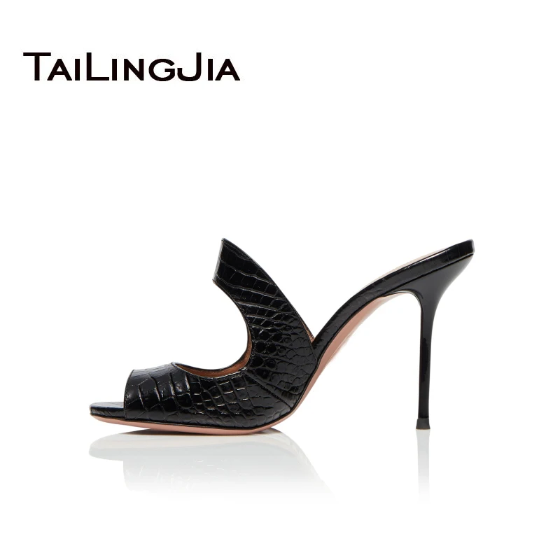 

Women's High Heel Sandals Stone Pattern Mules Peep Toe Stiletto Quality Black Faux Leather Slipper shoes 2019 Tailingjia Fashion