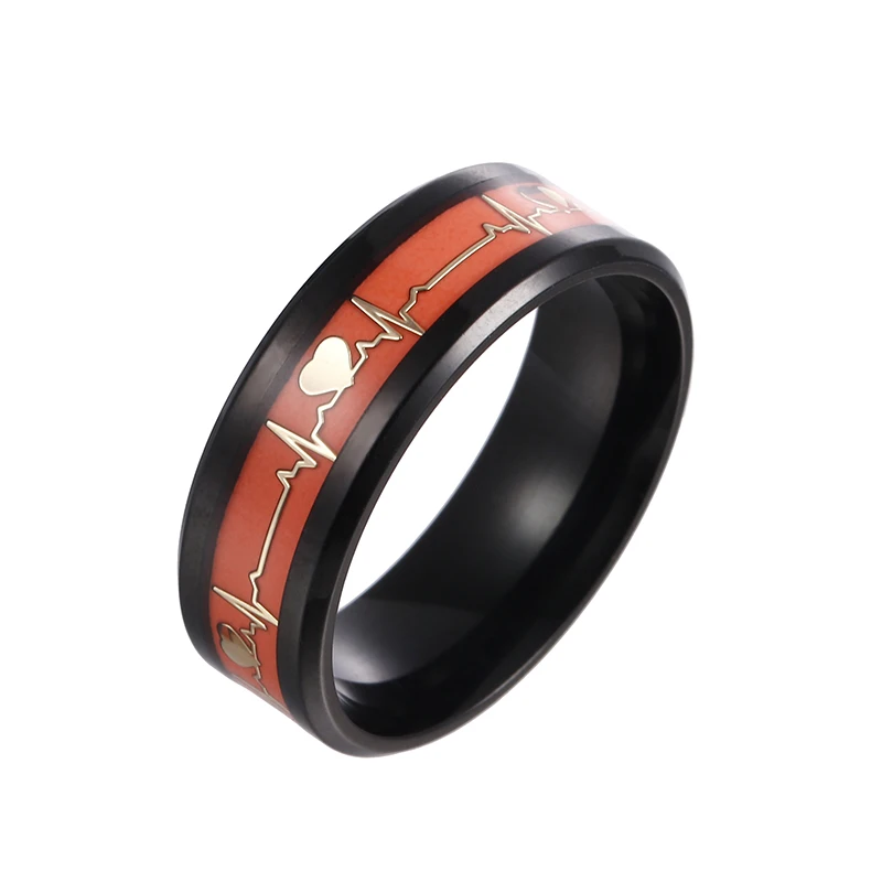 black orange 8 мм мужское кольцо сердце любовь ЭКГ спасательный круг пульс, сердцебиение кольцо для мужчин и женщин пара кольцо ЭКГ черное углеродное волокно обручальное кольцо - Цвет основного камня: black orange
