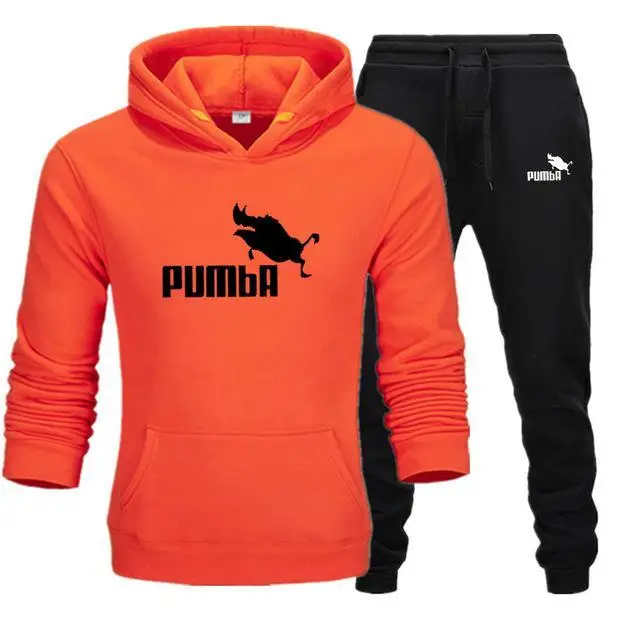 Брендовый спортивный костюм с принтом Пумба, термобелье, мужские спортивные комплекты, флисовая плотная толстовка с капюшоном+ штаны, спортивный костюм, Malechandal hombr - Цвет: orange-black