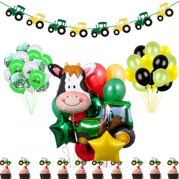 

New Construction Vehicle Truck Excavator Tractor Balloons Cake Topper Green Farm Theme Party Decoration Happy Birthday Banner
