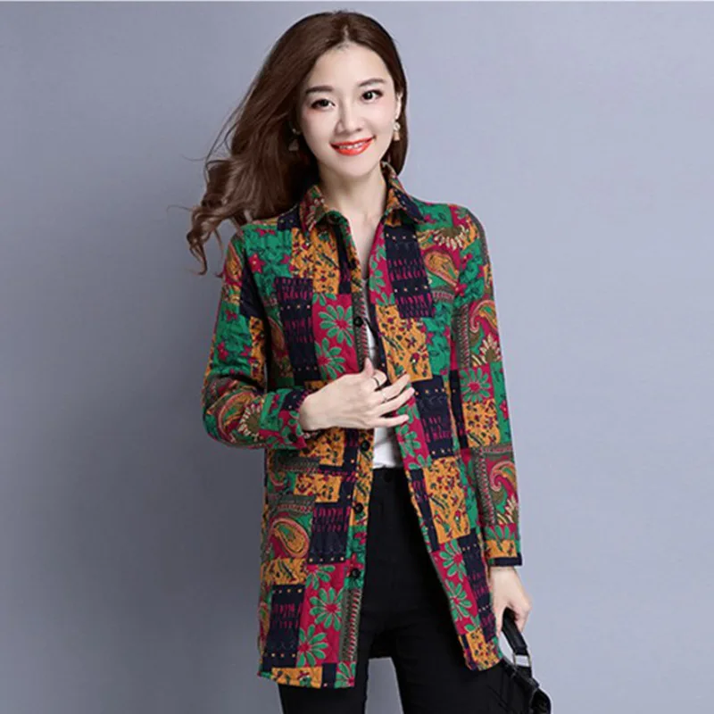 

Cotton Linen Thick Long Sleeve Floral Shirt Coat New Style Autumn And Winter Retro Large Size Dress Warm Quilted Lining
