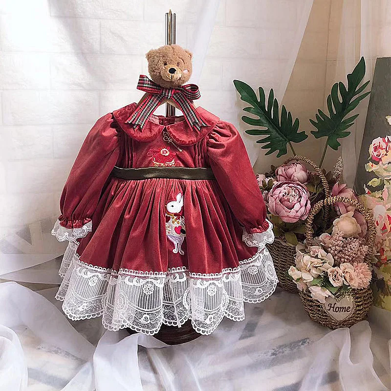 Осенне-зимнее испанское детское хлопковое теплое платье красное платье с длинными рукавами и вышивкой в виде Турции Детские платья для девочек, рождественское платье