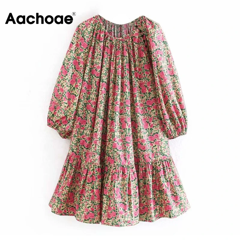 Aachoae Vintage O Neck Loose Dress Women Floral Print Lantern Long Sleeve Short Dresses 2020 Spring Casual Pleated Mini Dress