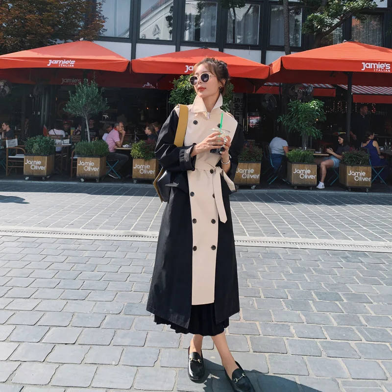 

Double-breasted color-blocking windbreaker long coat ladies mid-length Korean version trend new 2020 fashion women