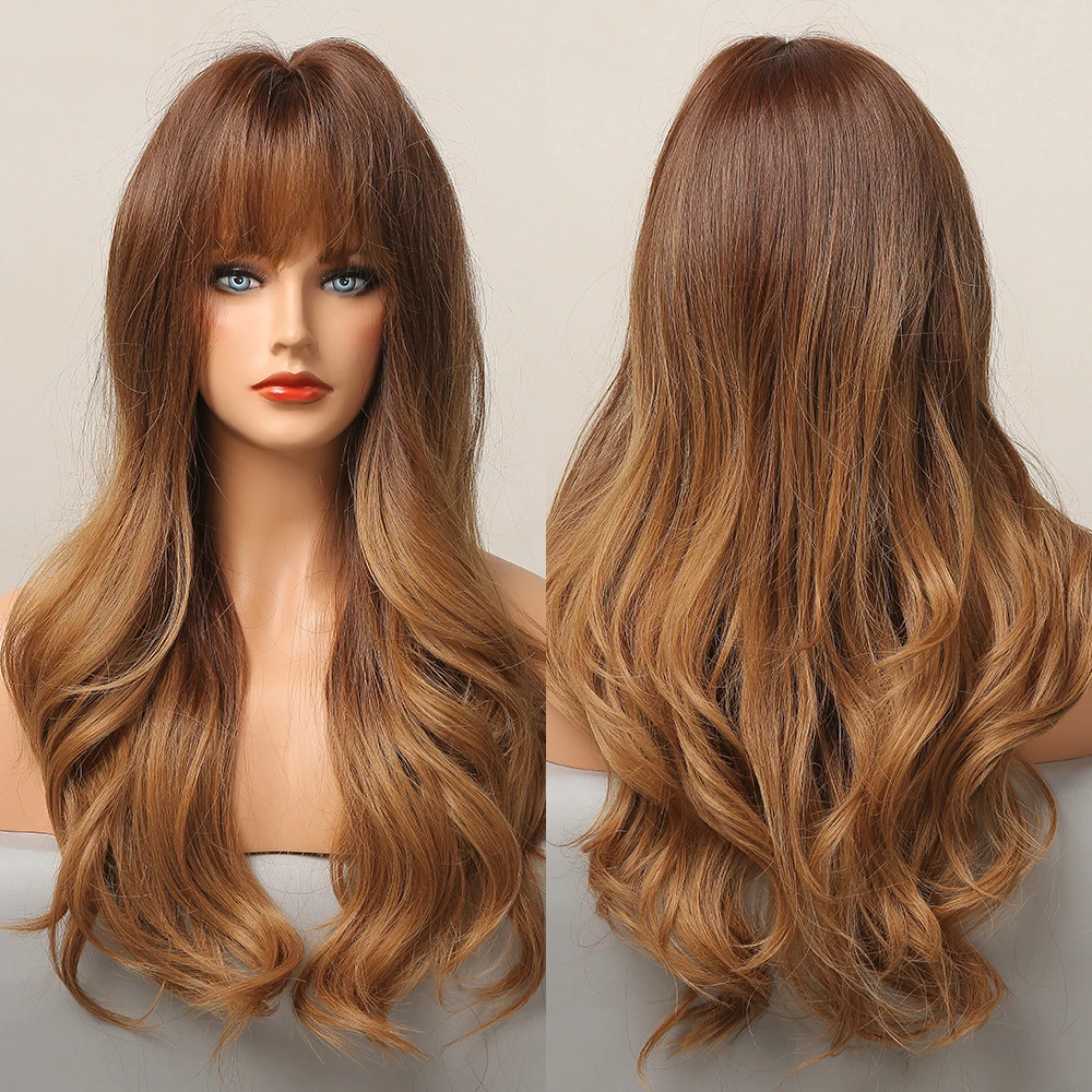 Pelucas sintéticas con flequillo para mujeres negras, pelo largo ondulado Natural, fibra resistente al calor, para fiesta diaria, color marrón ombré