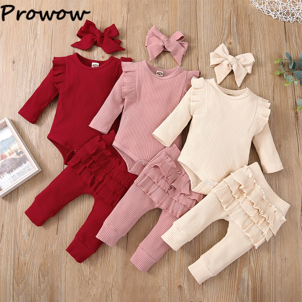 Prowow 0-18M 100% Cotton Baby Girl Clothes Set Long Sleeve Bodysuit Romper and Ruffles Pants Solid Baby Girl Outfit Newborn baby floral clothing set