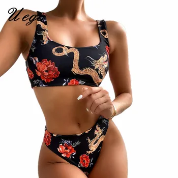 

Uego Chinese Dragon Print Sexy Thong Bikini High Waist Women Swimwear Crop Top Push Up Beachwear Swimsuit Biquini Bathing Suits