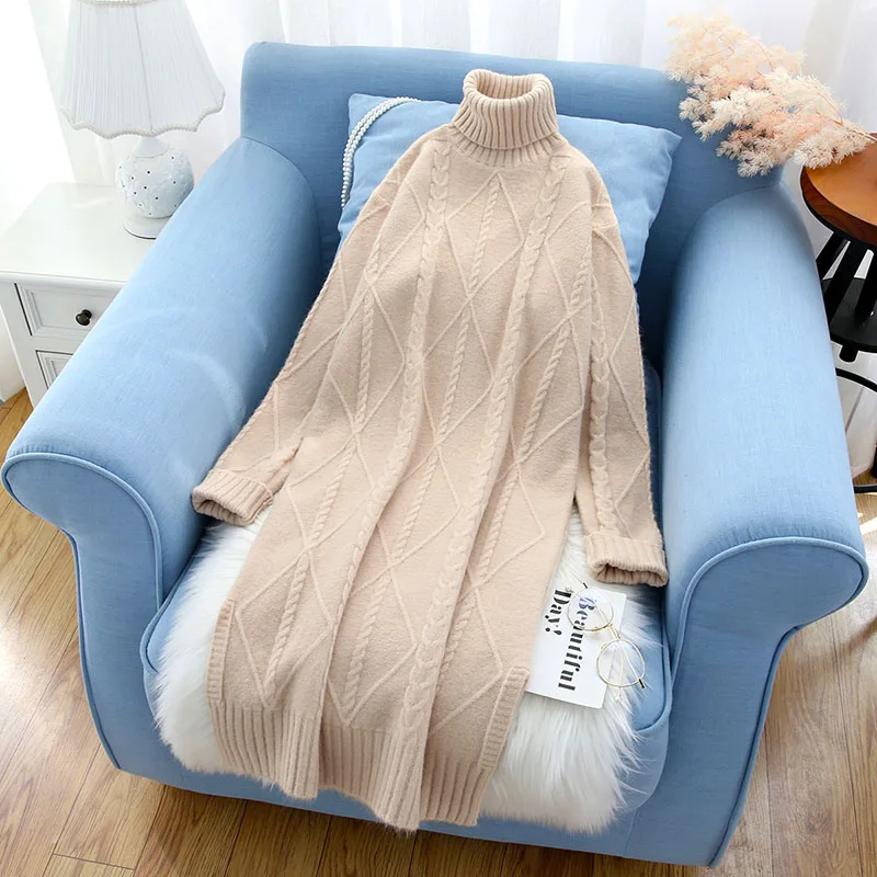

turtleneck knitted dresses loose casual thicken warm solid slim knee-length lady elegant buttoming outwear tops