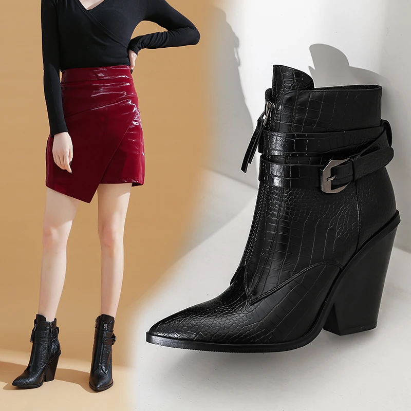 

Gold Snake Print Ankle Boots for Women Wedge High Heels Boots Woman Runway Design Chunky Heels Botas Mujer Western Boot