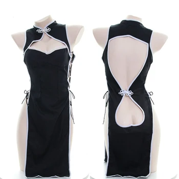 

Retro Black Sexy Japanese Cosplay Backless Love Hollow Out Cheongsam Women's Bandge High Split Dress Night skirt Sleepwear