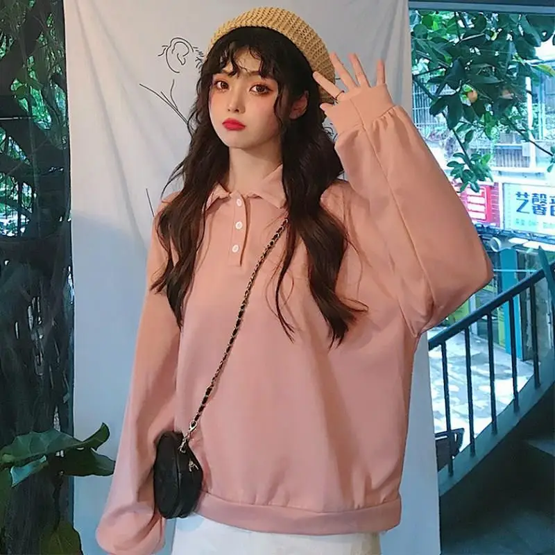 

Autumn Kawaii Solid Loose Plus Size Hoodies Harajuku Button Lapel Long Sleeve Sweatshirt Streetwear Bf Sweet Casual Pullovers