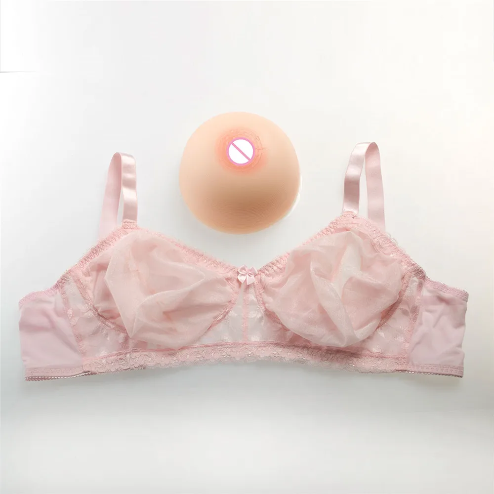 Breast and Bra Set 2000g/pair Round Beige Silicone Boobs+Sexy Pink Transparent Lace Pocket Bra) Big Cup Fake Breast Boobs Form With Bra Set - Цвет: Breast and Bra Set