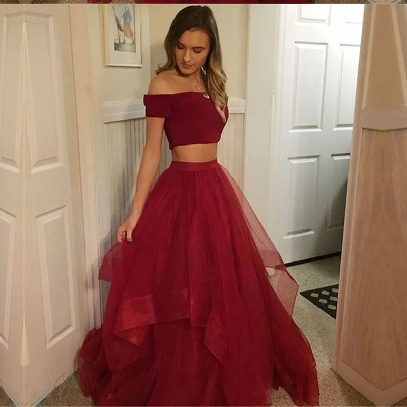 

Custom Made Two Pieces Wine Red Prom Dresses 2019 Off the Shoulder Long Cheap Vintage Prom Gowns Pink Girls Party Dress