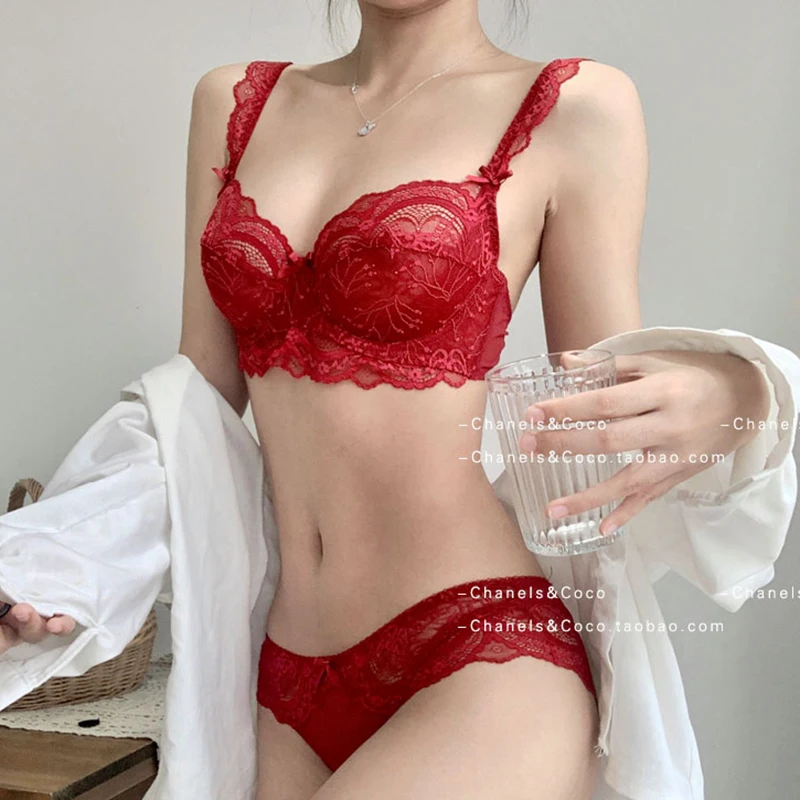 Red Transparent Brassiere Sexy Underwear Set Lace Push Up Bra And