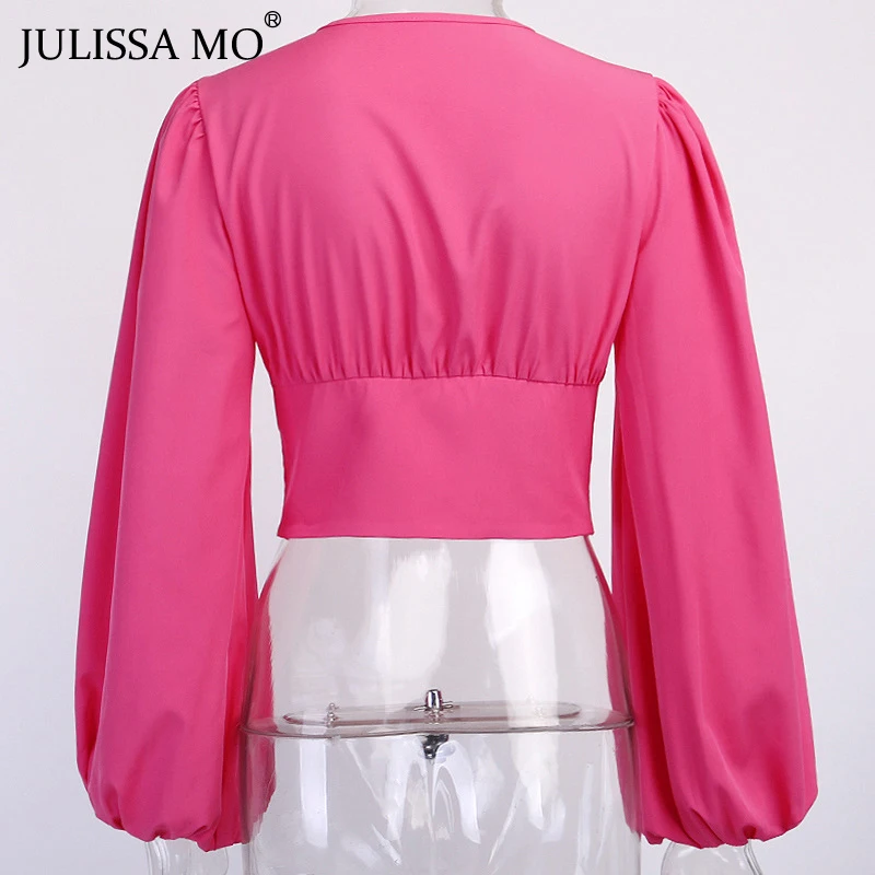 JULISSA MO розовая блуза с глубоким v-образным вырезом Рубашки женские осенние элегантные фонари рубашки с длинными рукавами модные пуговицы женские топы Blusas