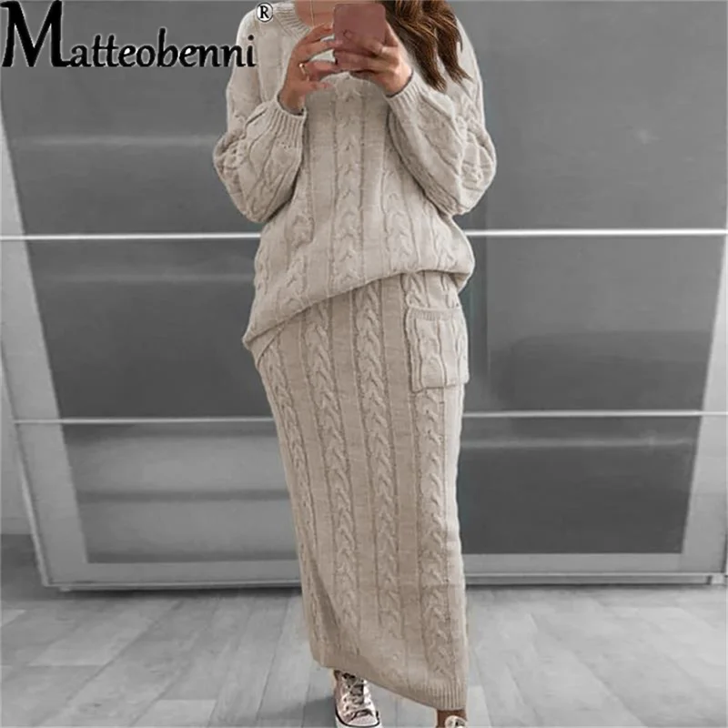 Knitted Sweater And Skirt Two Piece Set Women 2021 Autumn Casual Loose Crop Tops Women 2 Piece Sets Ladies Outfits