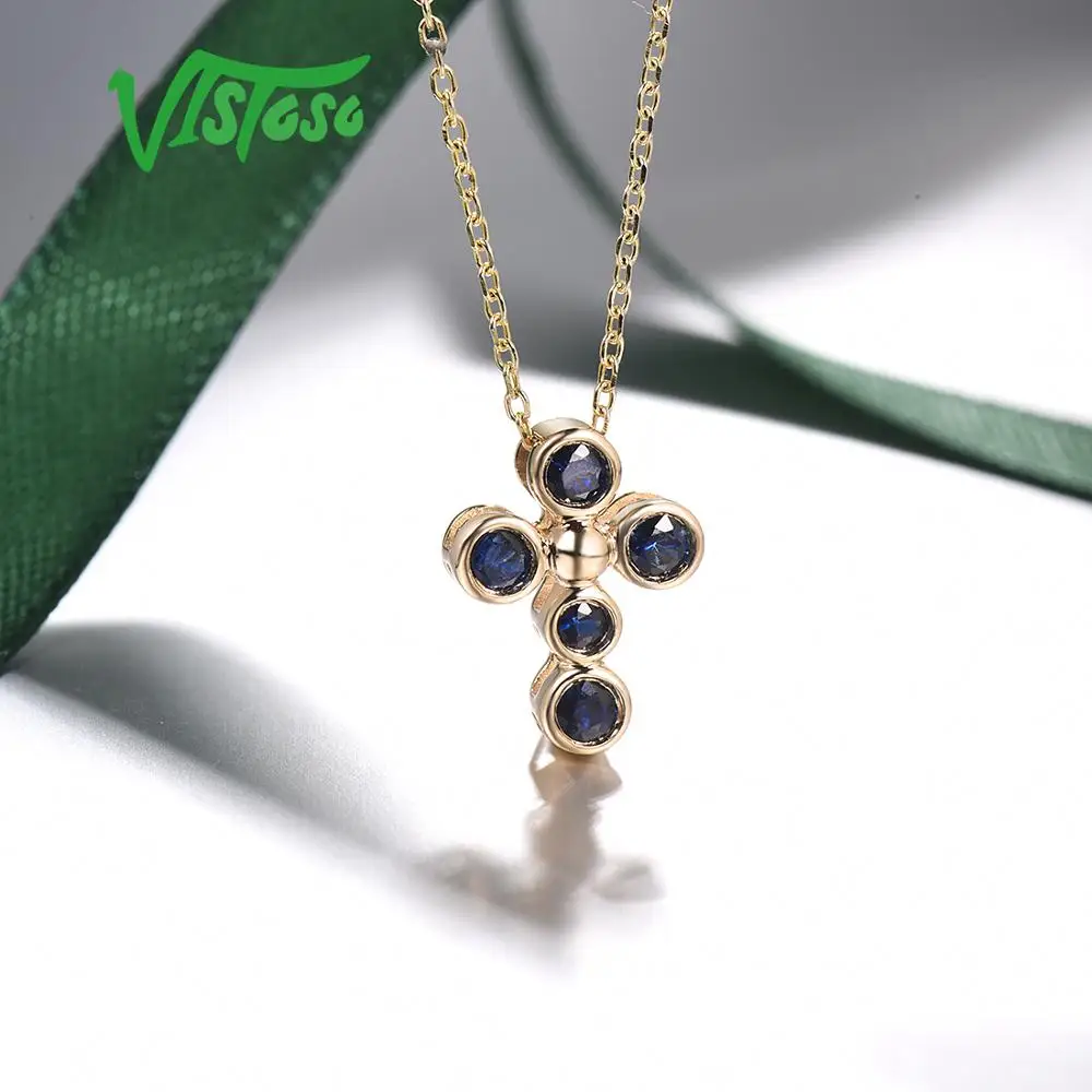 VISTOSO Gold Pendants For Women Authentic 14K 585 Yellow Gold Cross Pendant Magic Blue Sapphire Elegant Fine Jewelry images - 6