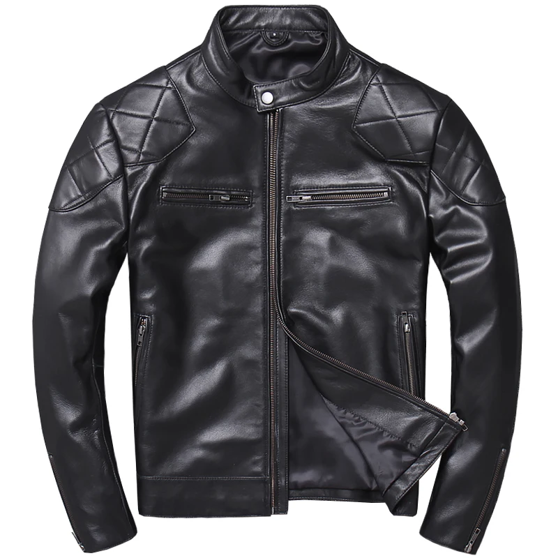 Black Men Slim Fit Biker's Leather Jacket Plus Size XXXXXL Genuine Sheepskin Russian Autumn Motorcycle Leather Coat