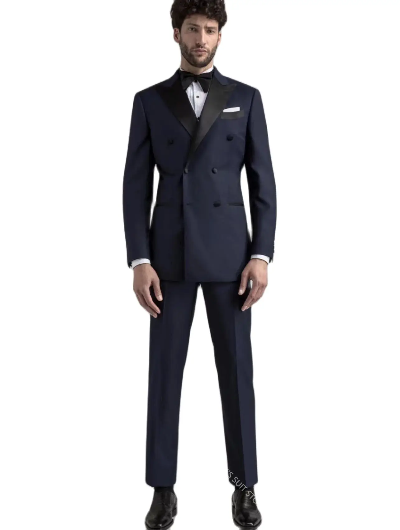 

Suit Supply Navy Blue Men Suits Blazer With Black Lapel Double-Breasted For Wedding Groom Prom Business Formal Costume Coat+Pant