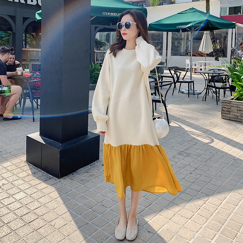 

2020 Spring And Autumn New Youth Pop Stitching Fake Two Loose Dress Fashion Casual Mid-length Sweatshirt Off-white S-XL