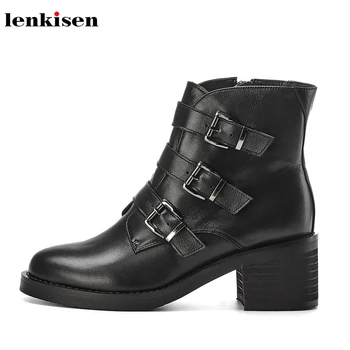 

Lenkisen fashion motorcycle boots genuine leather high heels round toe buckle straps winter warm women big size ankle boots L05