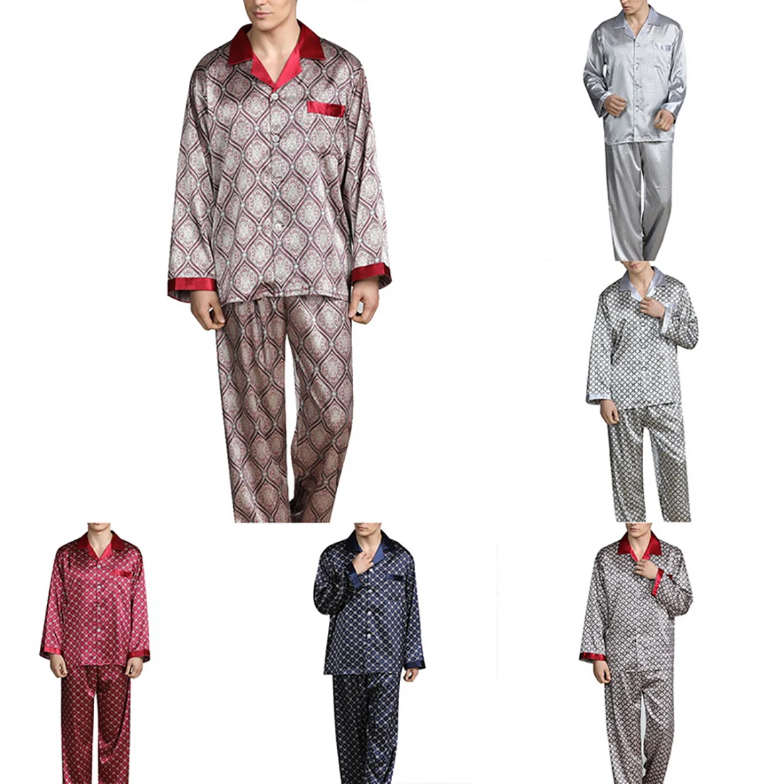 Mens Stain Silk Pajama Sets Pajamas Men Sleepwear Modern Style Printed Silk Nightgown Home Male Satin Soft Cozy Sleeping Pajamas mens cotton pajama bottoms